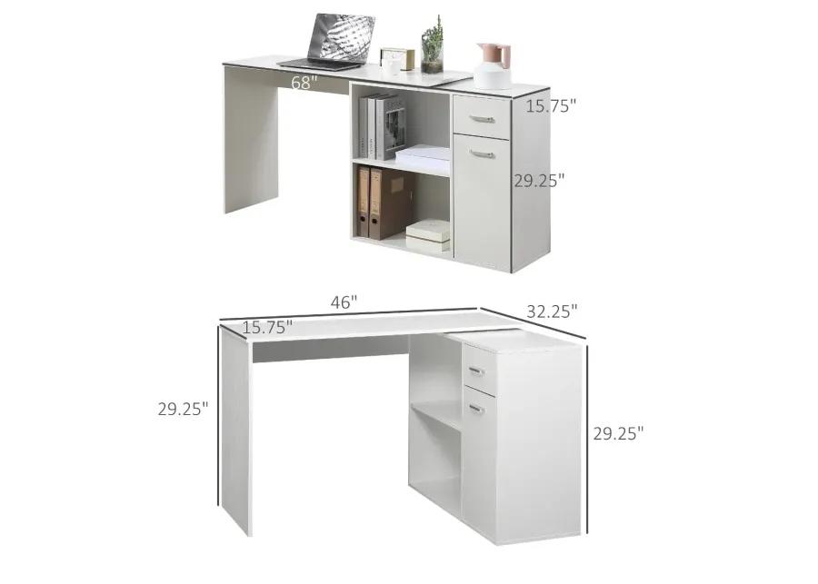 White Corner Workstation: L-Shaped Desk with Rotating Shelves & Drawer