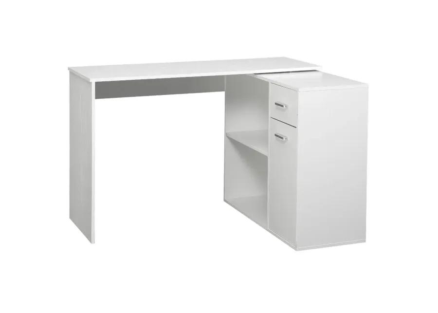 White Corner Workstation: L-Shaped Desk with Rotating Shelves & Drawer