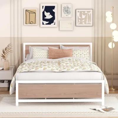 Queen Size Platform Bed, Metal And Wood Bed Frame With Headboard And Footboard, White