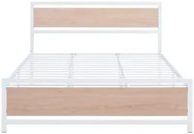 Queen Size Platform Bed, Metal And Wood Bed Frame With Headboard And Footboard, White