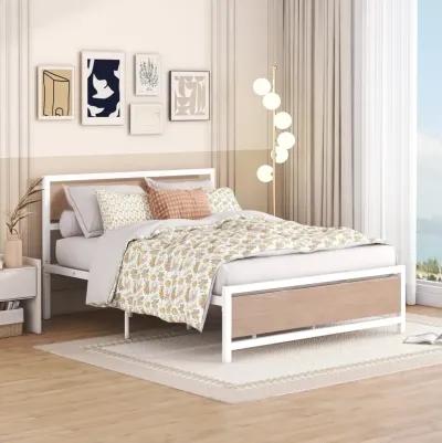 Queen Size Platform Bed, Metal And Wood Bed Frame With Headboard And Footboard, White