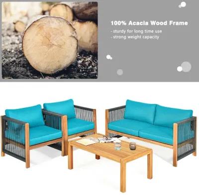 4 Pieces Acacia Wood Sofa Set with Cushions for Outdoor Patio-Blue