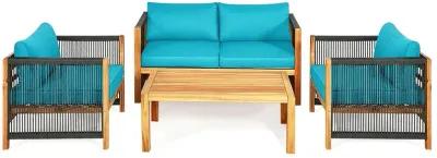 4 Pieces Acacia Wood Sofa Set with Cushions for Outdoor Patio-Blue