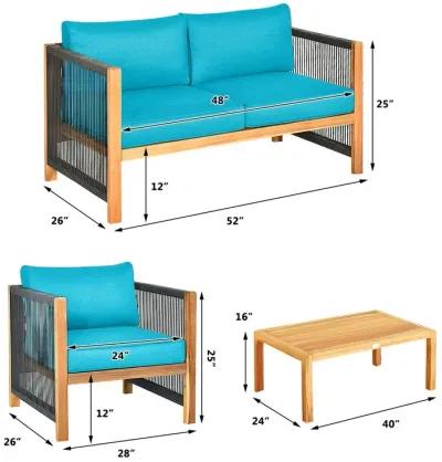 4 Pieces Acacia Wood Sofa Set with Cushions for Outdoor Patio-Blue