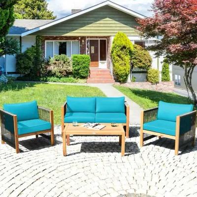 4 Pieces Acacia Wood Sofa Set with Cushions for Outdoor Patio-Blue