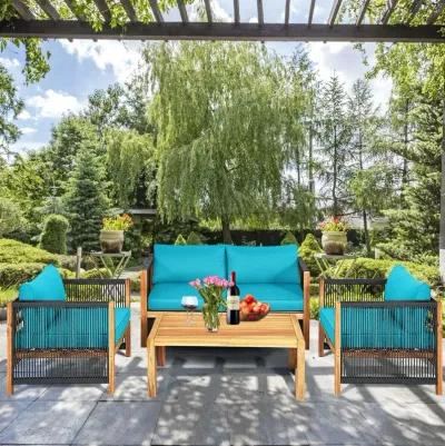 4 Pieces Acacia Wood Sofa Set with Cushions for Outdoor Patio-Blue