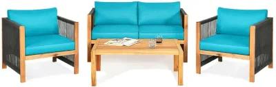 4 Pieces Acacia Wood Sofa Set with Cushions for Outdoor Patio-Blue