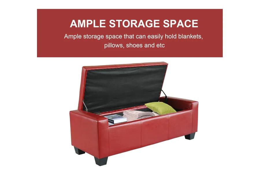 Vibrant Storage Seat: 50.5" Red Faux Leather Tufted Ottoman for Entryways