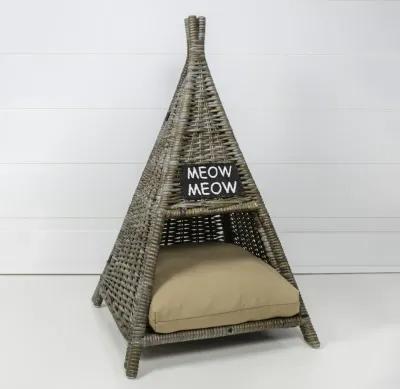 Tiki Tent Coastal Handwoven Rattan Cat Bed with Machine-Washable Cushion