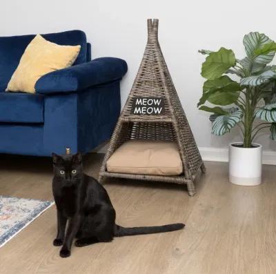 Tiki Tent Coastal Handwoven Rattan Cat Bed with Machine-Washable Cushion