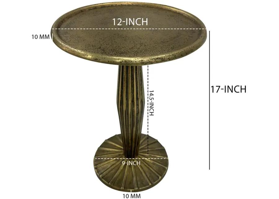 12 Inch Side End Drink Table, Fancy Fluted Base, Round Top, Antique Brass