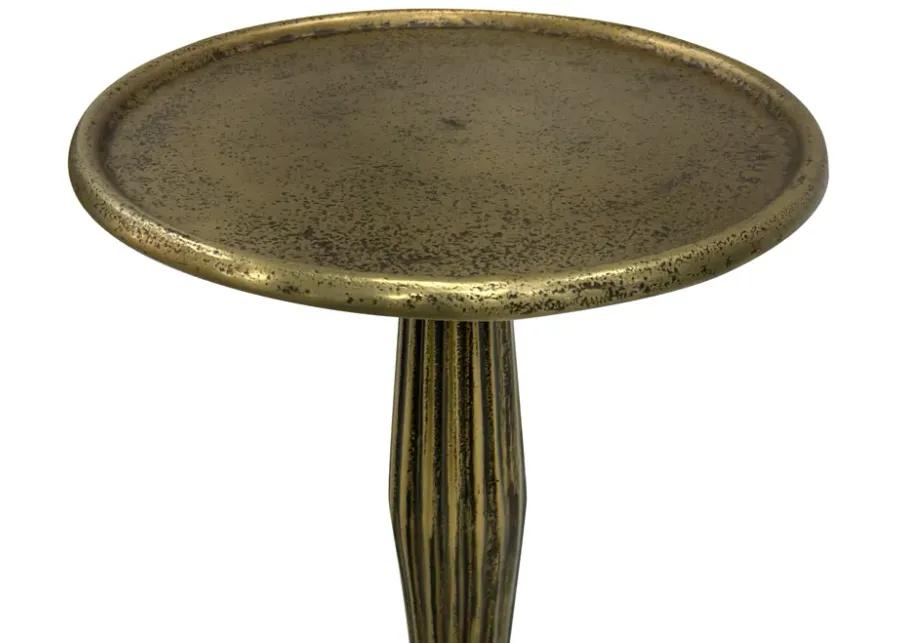 12 Inch Side End Drink Table, Fancy Fluted Base, Round Top, Antique Brass