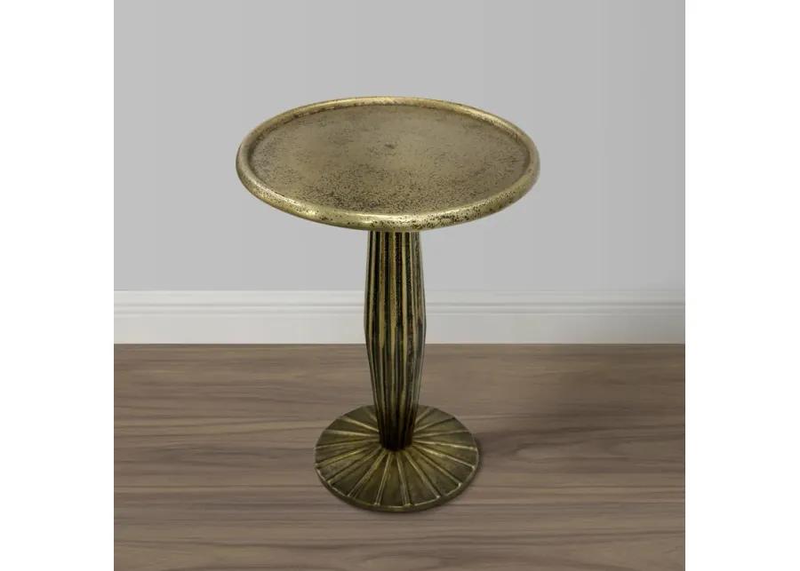 12 Inch Side End Drink Table, Fancy Fluted Base, Round Top, Antique Brass