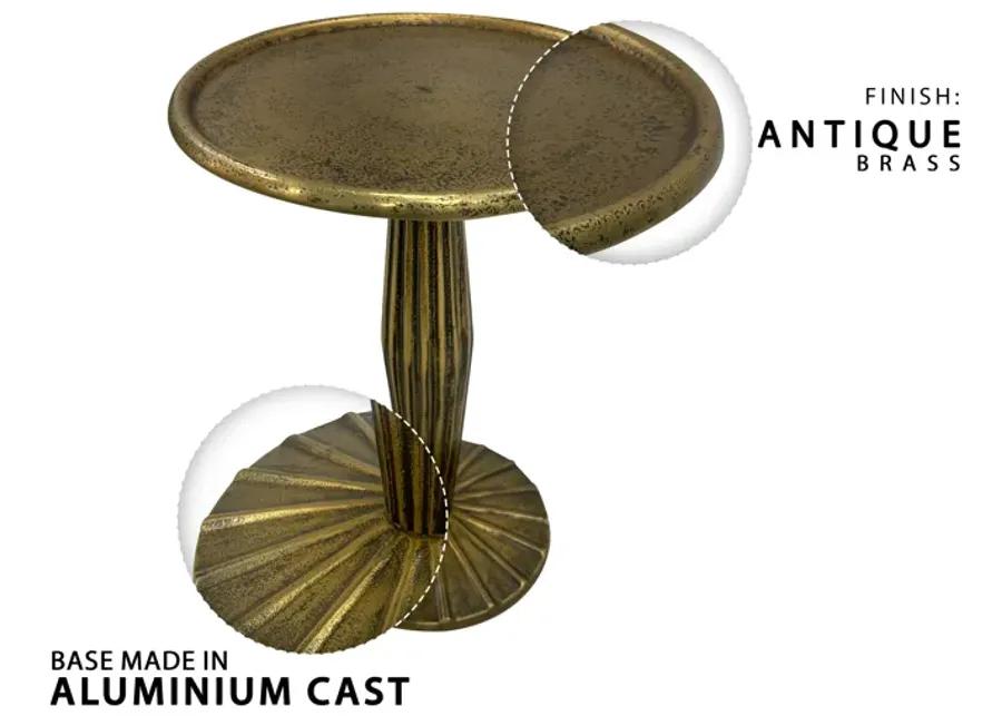 12 Inch Side End Drink Table, Fancy Fluted Base, Round Top, Antique Brass