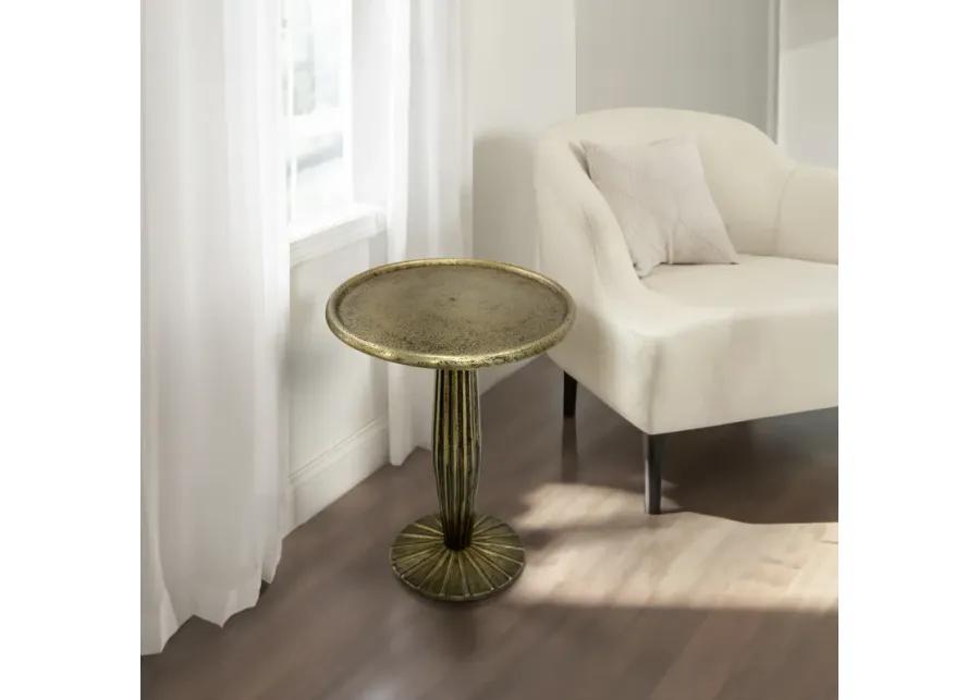 12 Inch Side End Drink Table, Fancy Fluted Base, Round Top, Antique Brass