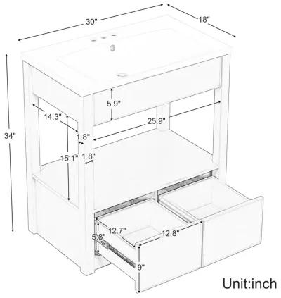 30" Bathroom Vanity with Sink Top, Bathroom Cabinet with Open Storage Shelf and Two Drawers, Brown