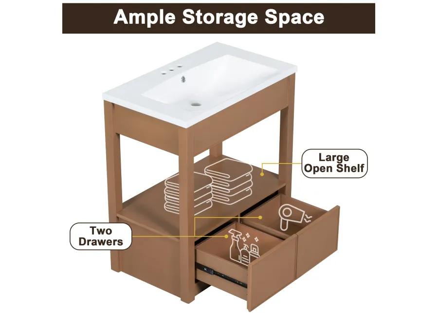 30" Bathroom Vanity with Sink Top, Bathroom Cabinet with Open Storage Shelf and Two Drawers, Brown