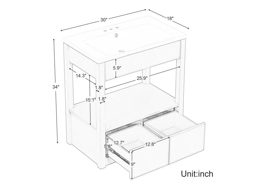 30" Bathroom Vanity with Sink Top, Bathroom Cabinet with Open Storage Shelf and Two Drawers, Brown