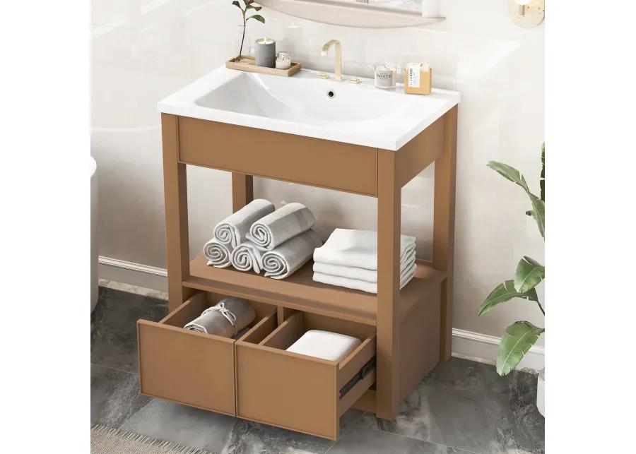 30" Bathroom Vanity with Sink Top, Bathroom Cabinet with Open Storage Shelf and Two Drawers, Brown