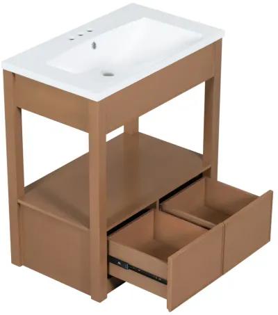 30" Bathroom Vanity with Sink Top, Bathroom Cabinet with Open Storage Shelf and Two Drawers, Brown