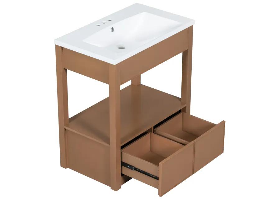 30" Bathroom Vanity with Sink Top, Bathroom Cabinet with Open Storage Shelf and Two Drawers, Brown