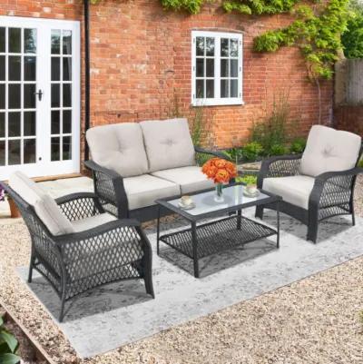 Hivvago 4 Pieces Patio Wicker Furniture Set Loveseat Sofa Coffee Table with Cushion