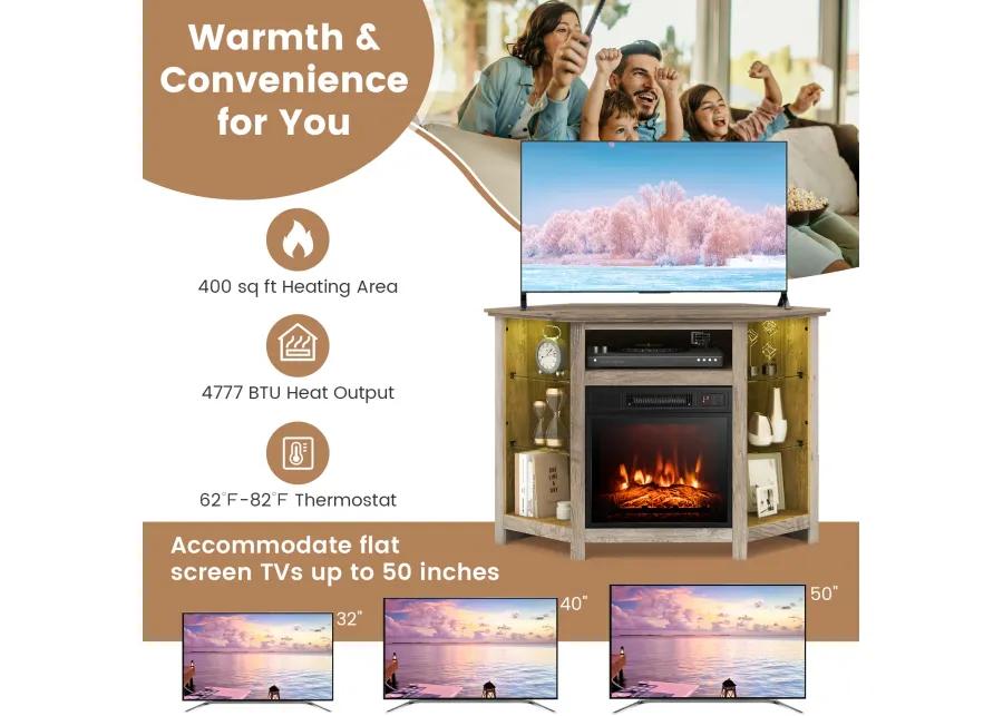 Fireplace Corner TV Stand with LED Lights and Smart APP Control for 50 Inches TV