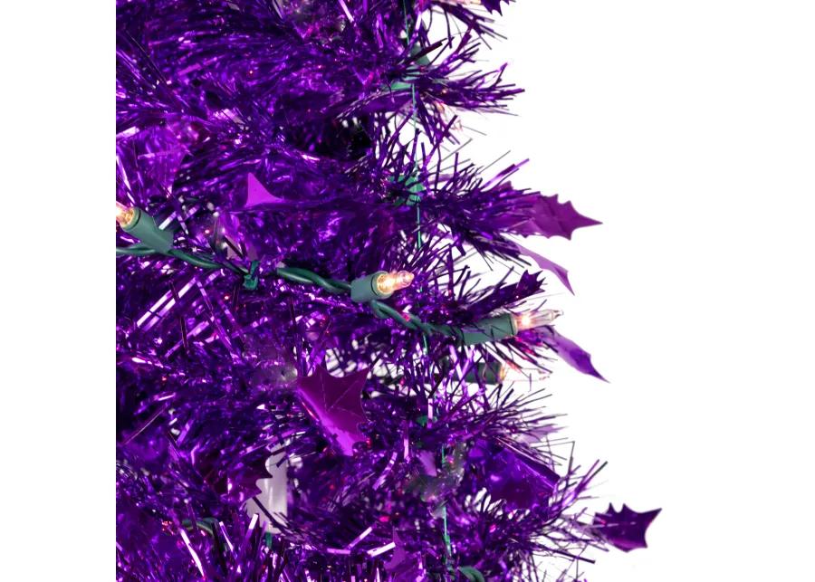 4' Pre-Lit Purple Tinsel Pop-Up Artificial Christmas Tree  Clear Lights