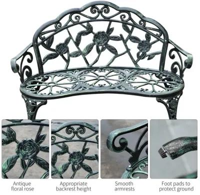 Vintage Garden Duo: Antique Green Floral Cast Aluminum Loveseat