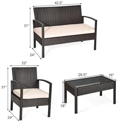 Hivvago 4 Pieces Patio Rattan Conversation Set with Loveseat Sofas and Coffee Table