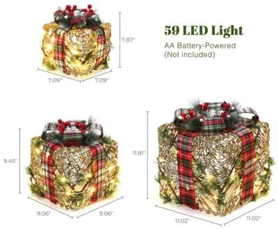 LuxenHome 3-Piece Artificial Pine Branches Giftbox Holiday Decoration Set with Battery Operated Lights