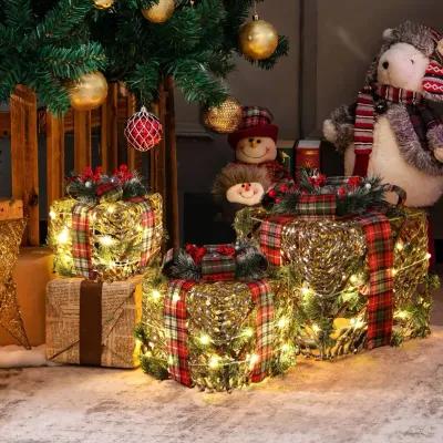 LuxenHome 3-Piece Artificial Pine Branches Giftbox Holiday Decoration Set with Battery Operated Lights