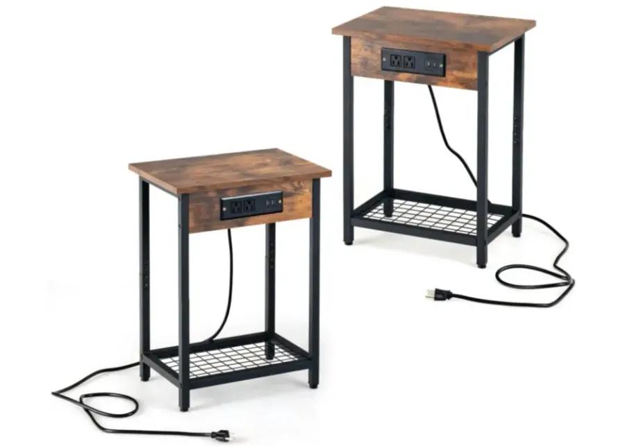 Hivvago 2 Pieces Bedside Nightstand Set with Open Shelf and Charging Station-Rustic Brown