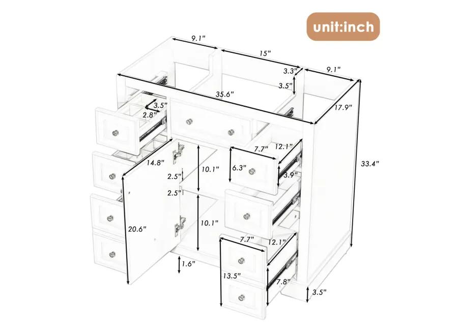 36" Bathroom Vanity Without Sink, Cabinet Base Only, One Cabinet And Six Drawers