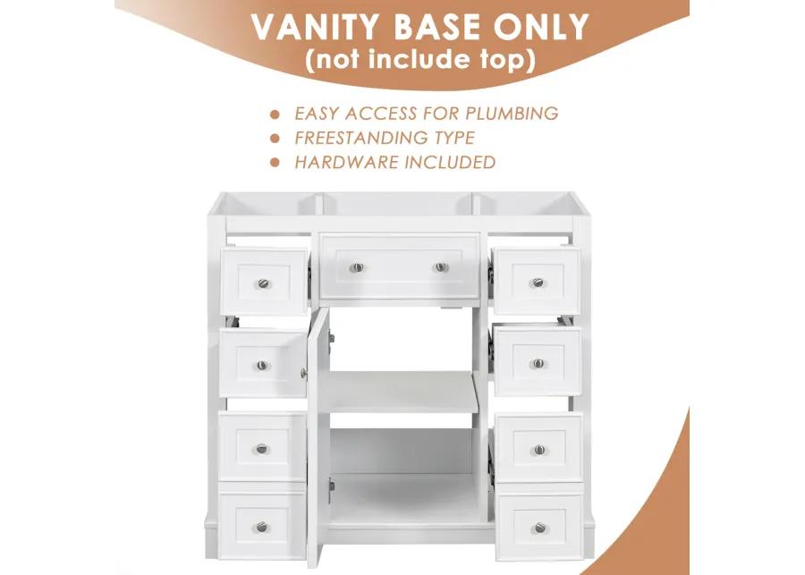 36" Bathroom Vanity Without Sink, Cabinet Base Only, One Cabinet And Six Drawers