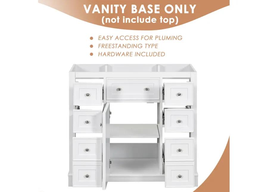 36" Bathroom Vanity Without Sink, Cabinet Base Only, One Cabinet And Six Drawers