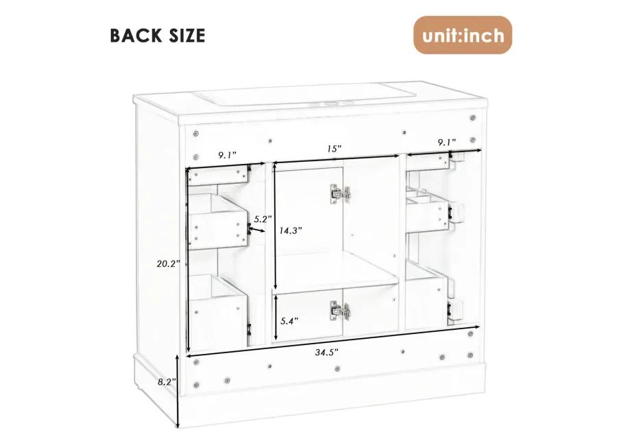 36" Bathroom Vanity Without Sink, Cabinet Base Only, One Cabinet And Six Drawers