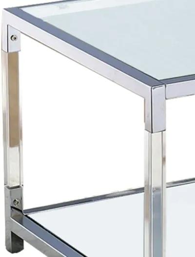 Glass Top Metal Coffee Table with Open Bottom Shelf, Silver and Clear-Benzara