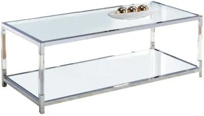 Glass Top Metal Coffee Table with Open Bottom Shelf, Silver and Clear-Benzara