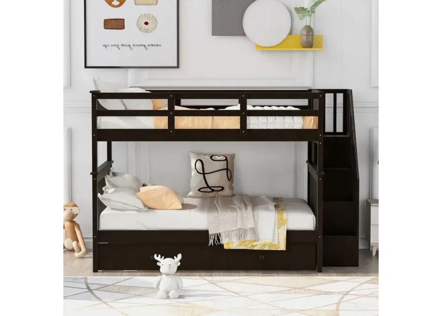 Stairway Full-Over-Full Bunk Bed With Twin Size Trundle, Storage And Guard Rail For Bedroom