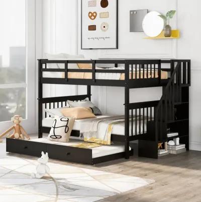 Stairway Full-Over-Full Bunk Bed With Twin Size Trundle, Storage And Guard Rail For Bedroom