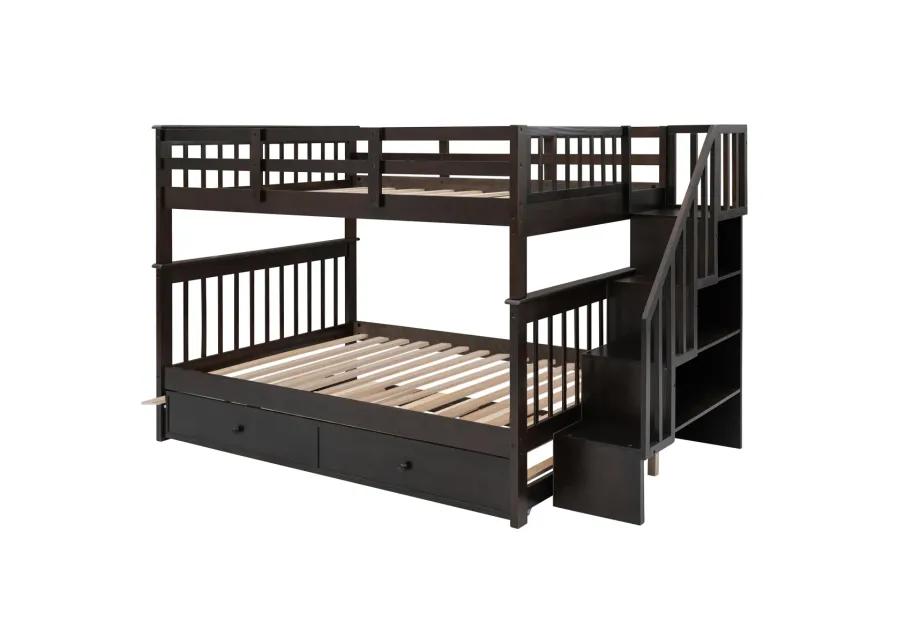 Stairway Full-Over-Full Bunk Bed With Twin Size Trundle, Storage And Guard Rail For Bedroom