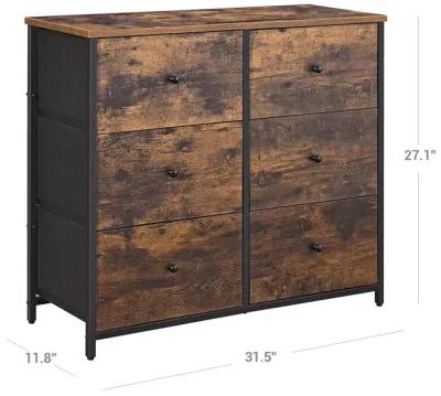 Wide Rustic Dresser with 6 Fabric Drawers - Industrial Metal Frame, Wooden Top & Front