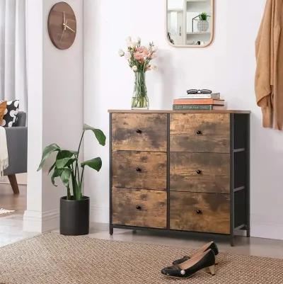 Wide Rustic Dresser with 6 Fabric Drawers - Industrial Metal Frame, Wooden Top & Front