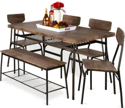 Hivvago Modern 6 Piece Dining Set with Brown Wood Top Table 4 Chairs and Storage Bench