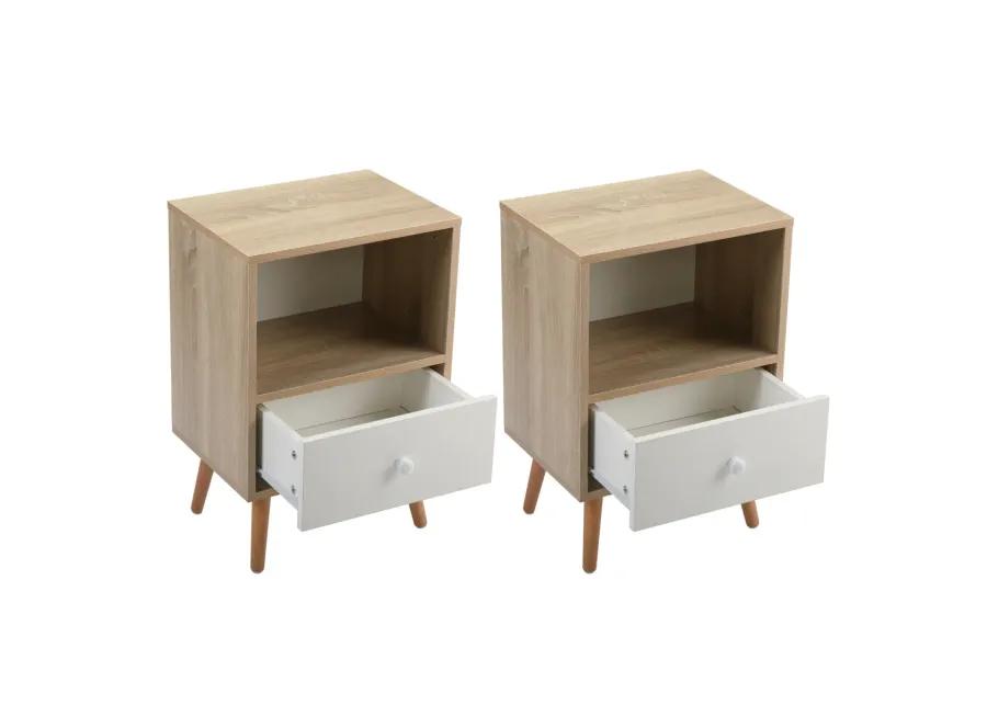 Mid Century Wood Nightstand Set, Natural/White