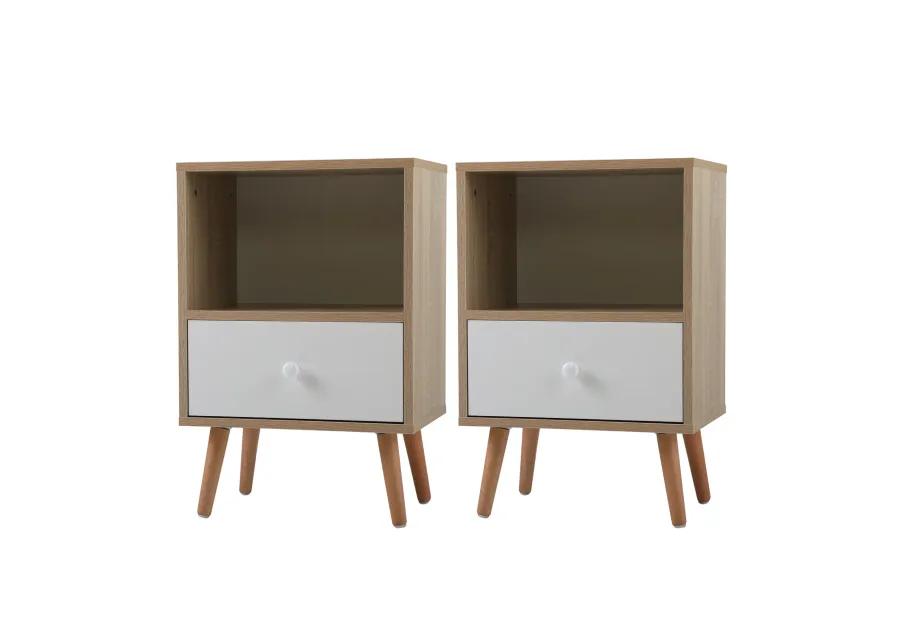 Mid Century Wood Nightstand Set, Natural/White