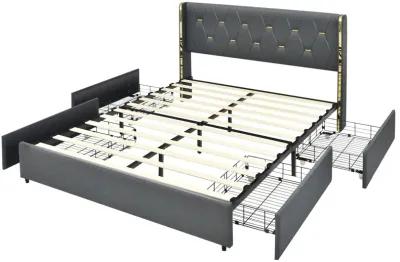 Full/Queen Size Upholstered Bed Frame with 4 Storage Drawers-Full Size