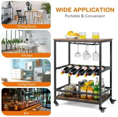 Kitchen Bar Cart Serving Trolley on Wheels with Wine Rack Glass Holder-Rustic Brown