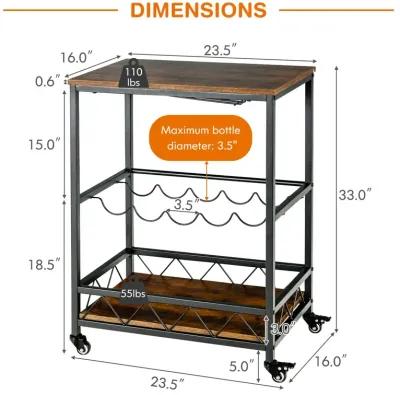 Kitchen Bar Cart Serving Trolley on Wheels with Wine Rack Glass Holder-Rustic Brown